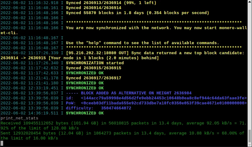 monerod running in terminal